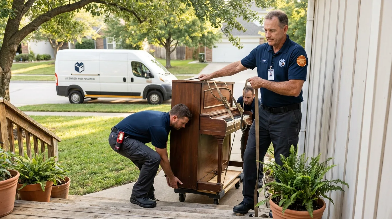 Licensed piano movers securing grand piano in McKinney, TX