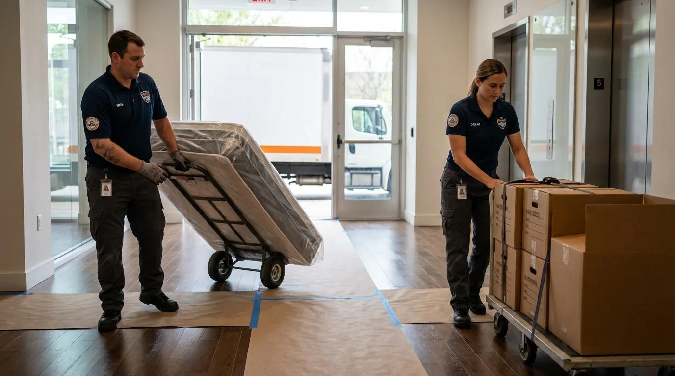 Professional apartment movers loading elevator in McKinney, TX
